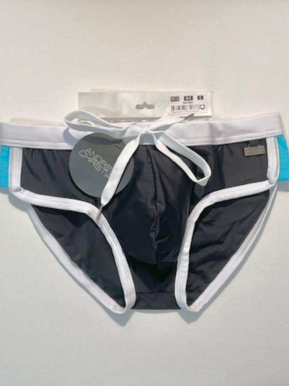 Andrew Christian - Size Small Retro Sport Swim Bikini - Black/Aqua/White